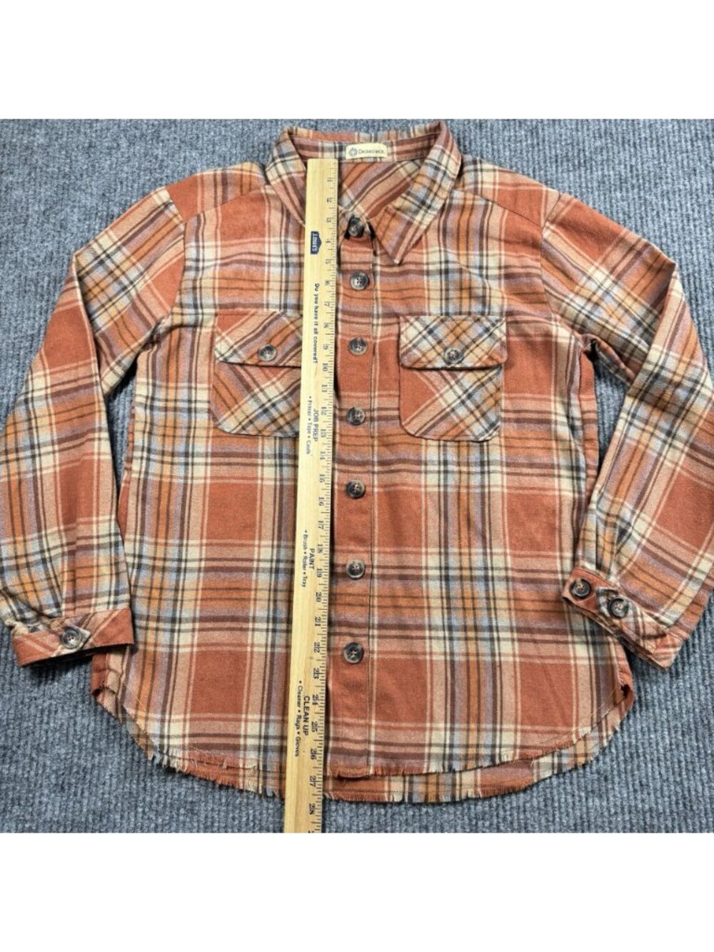 Democracy Flannel Top Womens Large Burnt Orange Plaid Button Front Raw Hem - Picture 4 of 6